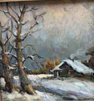 Auktion 371 / Los 4020 <br>unleserl. unter Rahmen signiert, wohl Russe, &Ouml;l/Karton, H&uuml;tte in Winterlandschaft, gerahmt, RG 32x32 cm