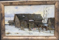 Auktion 371<br>Winterlandschaft, verso kyrillisch bezeichnet, wohl selber K&uuml;nstler wie vorher, &Ouml;l/Malfaser, gerahmt, RG 29x39 cm