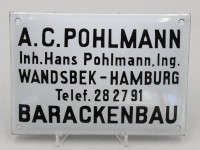 Auktion 371<br>Emaille-Firmenschild, A.C.Pohlmann Barackenbau, &auml;lter, 14 x 20cm