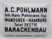 Auktion 371<br>Emaille-Firmenschild, A.C.Pohlmann Barackenbau, &auml;lter, 14 x 20cm