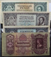 Auktion 371 / Los 6019 <br>ungarischeBanknoten aus der Zeit der Hyperinflation nach dem Zweiten Weltkrieg, darunter Scheine &uuml;ber 10 Millionen Pengő (T&iacute;zmilli&oacute; Pengő), 1945/46