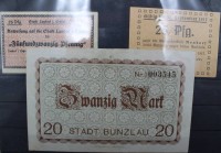 Auktion 371 / Los 6021 <br>3x Notgeldscheine, 20-Mark-Schein der Stadt Bunzlau, Stadt Landeck in Schlesien und Neudorf im Kreis Kattowitz