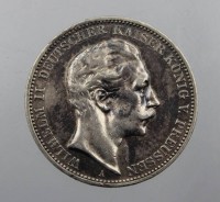 Auktion 371 / Los 6030 <br>3-Mark-Silberm&uuml;nze, Kaiser Wilhelm II,  ca. 16,2gr.,  ca. D-3,5cm