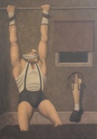 Auktion 371<br>Ronald de Haan, Surrealist Ende 20. Jhd., Titel "Gymnast", &Ouml;l/Leinwand, ungerahmt, ca. 81 x 59cm
