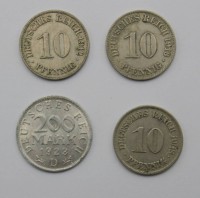 Auktion 371<br>4x M&uuml;nzen, Deutsches Reich, 3x 10 Pfennig ab 1908 sowie 1x Infalitionsm&uuml;nze