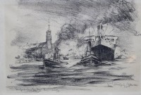 Auktion 371 / Los 5008 <br>Alfred Jensen (1859-1935), Hamburg Kehrwiederspitze, Litho/Kohlezeichnung?, alt gerahmt, verso Stempel, RG 21 x 28,5cm