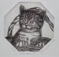 Auktion 371<br>unleserlich signierte Radierung, K&auml;tzchen, ger./Glas, RG ca. 25 x 20cm