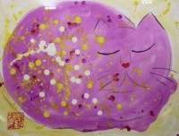 Auktion 371<br>Pinke Katze, im Stil von Walasse Ting, wohl Aquarell, gerahmt/Glas, Rahmen besch&auml;digt, RG 53 x 62 cm