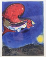 Auktion 371<br>Marc Chagall (1887-1985), La Femme au Coq rouge,  Farblithographie, gut gerahmt/Glas, RG 59 x 52cm