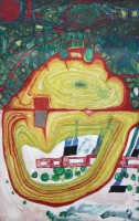 Auktion 371 / Los 5023 <br>Farblitho, FRIEDENSREICH HUNDERTWASSER, Der gelbe Platz - Flugplatz, 1958, gerahmt/Glas, RG 57 x 40cm