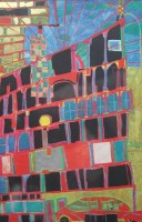 Auktion 371<br>Arkadenhaus und gelber Turm von Friedensreich Hundertwasser aus dem Jahr 1953, Farblitho, gerahmt/Glas, RG 57 x 40cm