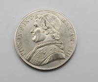 Auktion 371<br>5 Lire, 1870, Papst Pius IX, Silber, 23gr., D-3,7cm