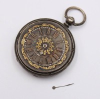 Auktion 372 / Los 2013 <br>Taschenuhr, 19. Jhd., wohl England, Glas fehlt, Zeiger lose anbei, Silbergeh&auml;use, Schl&uuml;sselwerk steht, ca. D-4,2cm