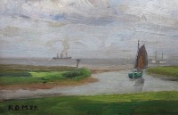 Auktion 372<br>Karl Otto MATTHAEI (1863-1931), Boot im Kanal, &Ouml;l/Hartfaser, gerahmt/Glas,  RG 29,5 x 41,5cm