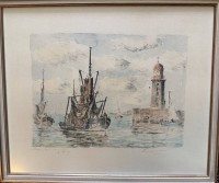 Auktion 372<br>Paul Ernst WILKE (1894-1972)  "Mole in Bremerhaven" gr. Farblithografie, ger/Glas, RG 48x58 cm