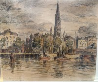 Auktion 372<br>Paul Ernst WILKE (1894-1972) 1943  "Alter Hafen" gr. Farblithografie, ger/Glas, RG  52x58 cm,