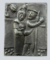 Auktion 372<br>kl. rechteckige Bronze-Plakette mit christl. Motiv und Spruch verso, 5,5x4,5 cm
