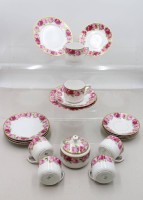 Auktion 372<br>6x Gedecke sowie Zuckerdose, C.T. Altwasser, Rosendekor, ca. H-10,5cm Tassen H-6cm