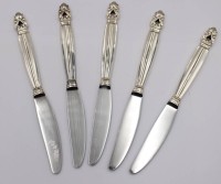 Auktion 372 / Los 11037 <br>6x Speisemesser, Georg Jensen, Acorn, Sterling-Griffe, ca. L-22,5cm