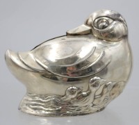Auktion 372<br>fig&uuml;rl. Spardose, Ente, versilbert, H-8cm L-11cm ohne Schl&uuml;ssel