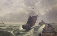 Auktion 372 / Los 4006 <br>W.Smith 1893,  Boot an der Pier bei Sturm, wohl Niederlande, &Ouml;l/Leinwand, gerahmt, RG 65 x 89cm
