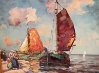Auktion 372 / Los 4010 <br>Harry HAERENDEL (1896-1991)  "Fischerboote am Strand" &Ouml;l/Leinen, gut gerahmt, RG  86x94 cm, Sperrgut