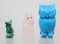 Auktion 372<br>3x div. Eulenfiguren, Malachit, Rosenquarz, t&uuml;rkisfarben, ca. H-3 bis 6cm