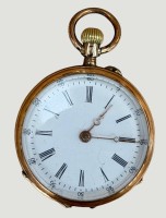 Auktion 372<br>antike goldene (-585- ,14 Kt. gepr&uuml;ft)  Damentaschenuhr, Werk l&auml;uft, D-3 cm, Innendeckel Metall, zus. 23,69 gr