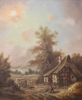 Auktion 372 / Los 4017 <br>Sigurd NEANDROSS (1871-1958), Kate mit Personen, &Ouml;l/Leinwand, gerahmt, RG 80 x 69cm