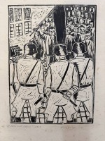 Auktion 372 / Los 5047 <br>H.Wrede, 1959  "V&auml;ter und S&ouml;hne" grosser Holzschnitt, Blatt -R&auml;nder leichte L&auml;suren und fleckig, BG 59x42 cm