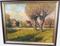 Auktion 373<br>Max WERNER (1879-1952)"Impressionistische Dorflandschaft" verso beschriftet "Der Dorfplatz in Tasdorf"Schleswig Holstein, &Ouml;l/Bristol, gerahmt, RG 75x90 cm