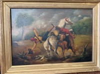 Auktion 373 / Los 4002 <br>A. Amadea oder &auml;hnlich?, Stier wirft Reiter aus dem Sattel, &Ouml;l/Holz, ca. 44x63 cm, alt gerahmt, RG 60x78 cm, wohl 18.Jhd??