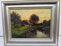 Auktion 373 / Los 4003 <br>Friedrich W., Fredy HOPF (1875-1943) , 1934"Abend am Dorfteich", &Ouml;l/Leinen, gerahmt, RG 30x36,5 cm