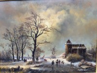 Auktion 373 / Los 4006 <br>Karl BENDER (1856-1883)  "Winterlandschaft mit Personen" &Ouml;l/Holz, gut gerahmt