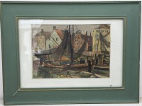Auktion 373 / Los 4009 <br>anonym bzw. unter  Rahmen signiert?, Boote an Kai, Aquarell, ger/Glas, RG 45x60 cm