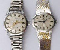 Auktion 373<br>2x div. Vintage-Damen-Armbanduhren, Junghans und Dugena Jongster, je Handaufzug, Werke laufen, Tragespuren, ca, D-2,3 u. 2,5m