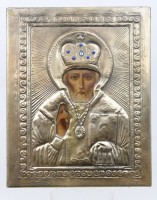 Auktion 373 / Los 15005 <br>Ikone vom Hl. Nikolaus aus den 60iger Jahren versilbert.