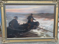 Auktion 373<br>Alfons NAEGELE (1888-1927)"3 Fischer im Boot vor K&uuml;ste", &Ouml;l/Leinen, gerahmt, RG 90x117 cm (Sperrgut), verso Etikett mit beschreibung