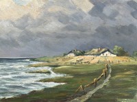 Auktion 373<br>C. West "Hallig-Ansicht", 1947, &Ouml;l/Malfaser, gerahmt, RG 63x53 cm