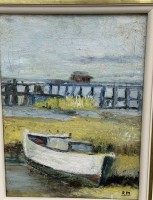 Auktion 373<br>R. Munns "Boot am Ufer" &Ouml;l/Leinen, ca. 40x30 cm,  breit gerahmt, RG 65x53 cm