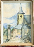 Auktion 373<br>unleserl. sign. 1938 "Kirchg&auml;nger"  Aquarell, ger/Glas, RG 38x28 cm