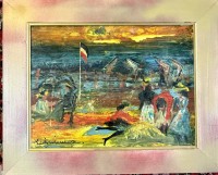 Auktion 373<br>unleserl. signierte Strandszene, &Ouml;l/Platte, gerahmt, RG 34x42 cm