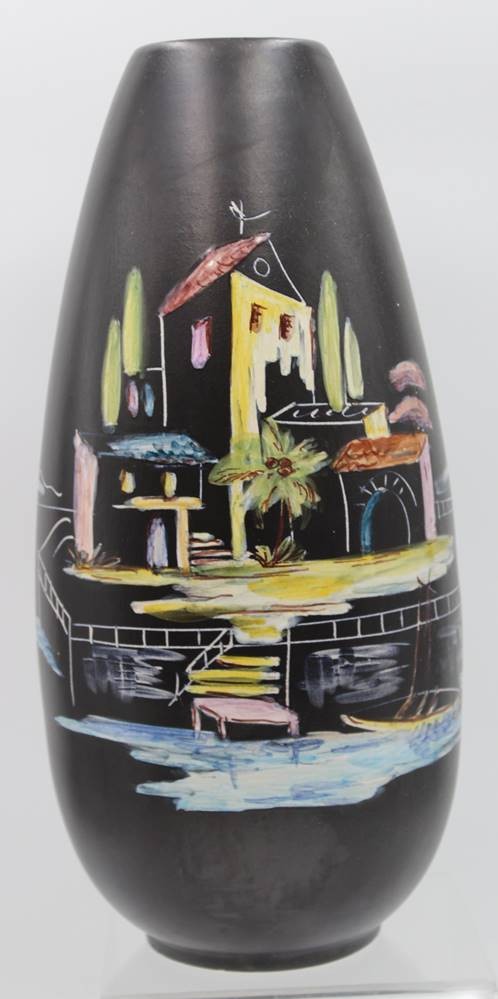 Auktion , hohe Vase, Ulmer Keramik, 50er Jahre, handbemalt, ca. H-35cm