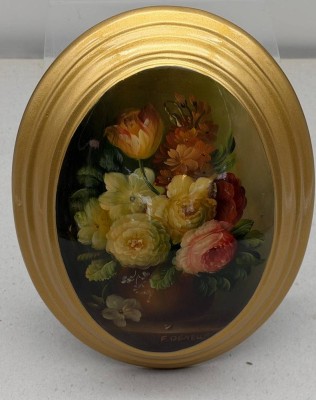 Auktion 373<br>kl. Gemälde auf Holz, signiert F. Deneuf, Blumen, 23x18,5 cm [1]