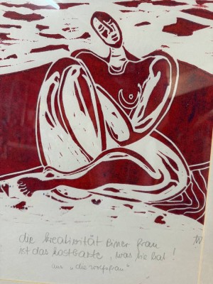 Auktion 373<br>Anne-Gret Winkler (1944 - 2018),, Linolschnitt mit Spruch, ger/Glas, RG 42x60 cm [1]