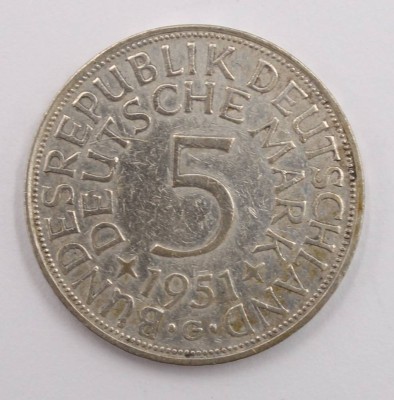 Auktion 373<br>Kursmünze 5 Deutsche Mark 1951 G, grosser  Adler, Silber, 11,1 Gramm [1]