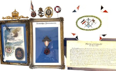 Auktion 373<br>Lot Kaiserlicher Flottenverein mit Abzeichen (2x gerahmt), Porzellanschale, Zeitungsausschnitt [1]