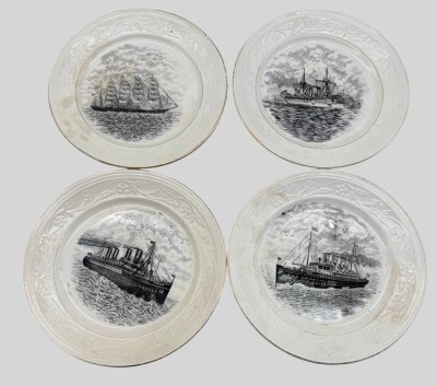 Auktion 373<br>4x Maastricht Teller mit maritimen Motiven um 1920,  Glasur tw. fleckig, Altersspuren, D-19 cm [1]