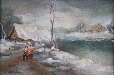 Auktion 373<br>kl. Winterlandschaft, signiert Müller, wohl Öl/Holz, gerahmt, RG ca. 25 x 30cm [1]