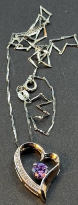 Auktion 373<br>Silber-925- Halskette mit Anhänger, lila und klare Steine, L-ca. 45 cm, 4,72 gr., Italy [1]